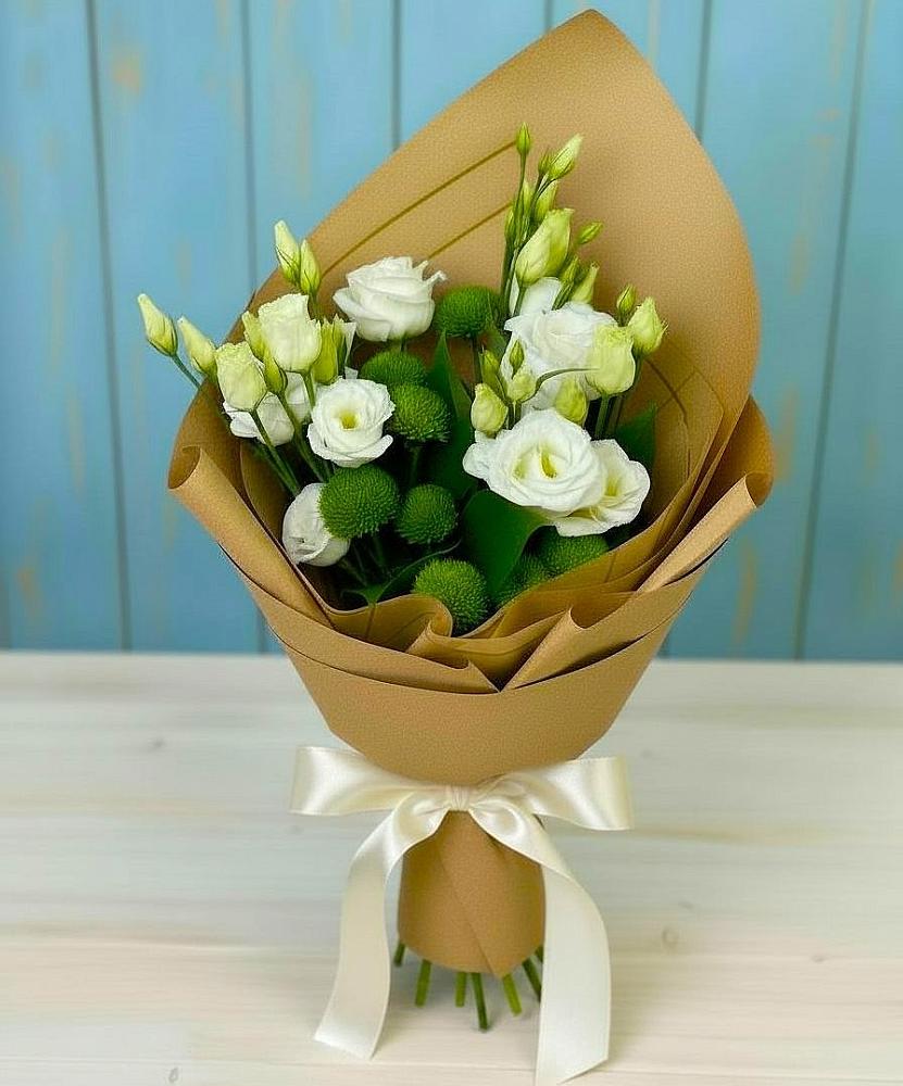 Букет цветов из: Хризантемы и Лизиантусы в Новомышастовской