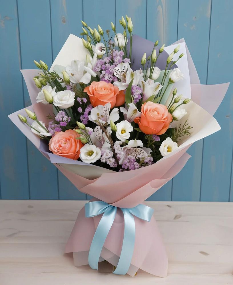 Букет цветов из: Лизиантусы, Розы, Альстромерии и Гипсофила в Новомышастовской