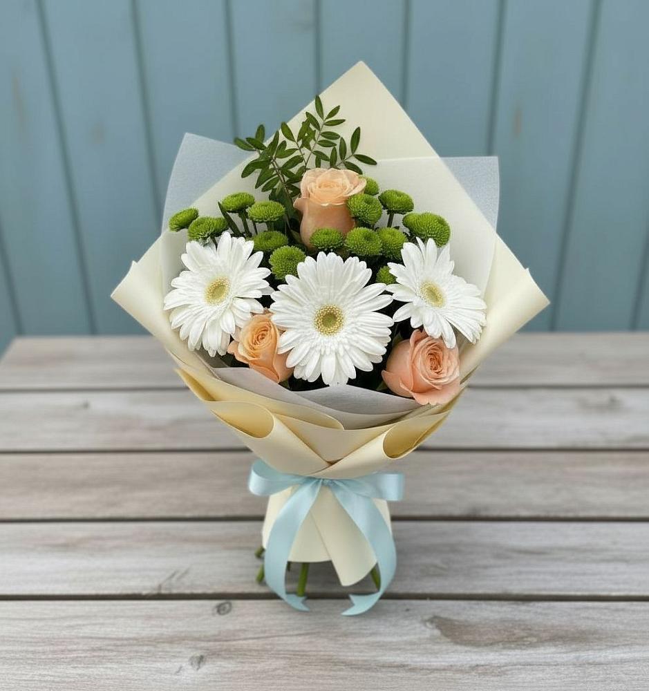 Букет цветов из: Герберы, Розы и Хризантемы в Новомышастовской