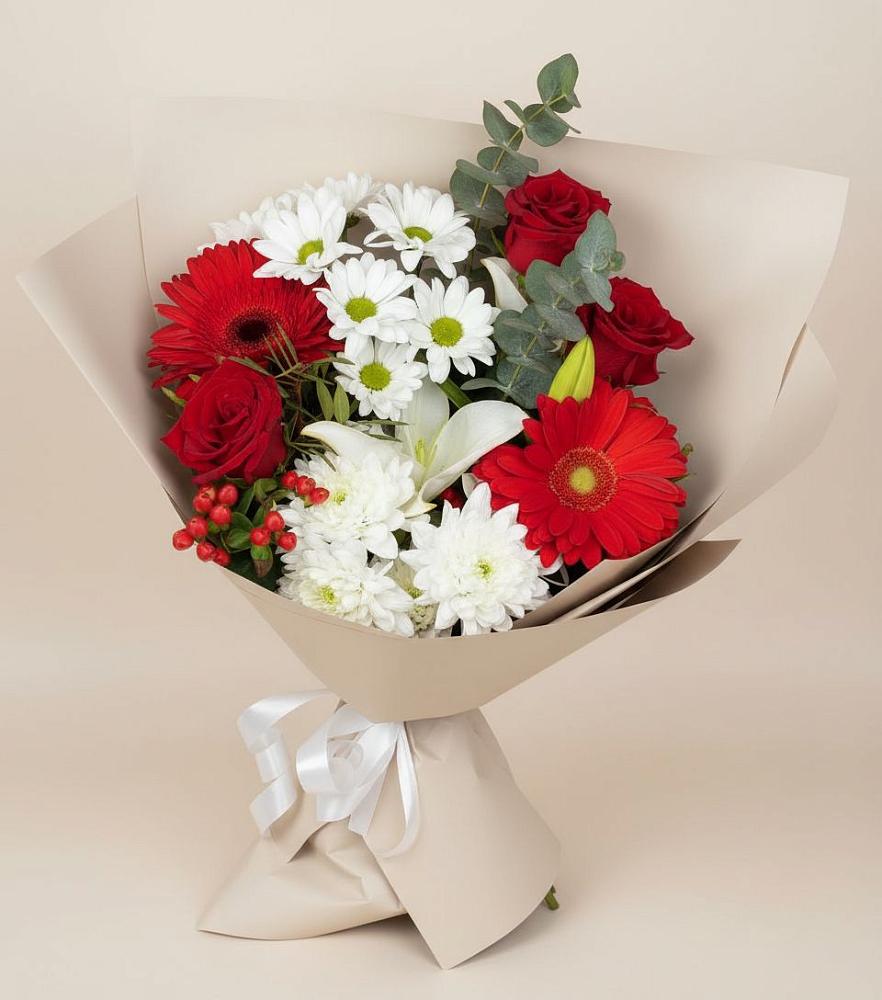 Букет цветов из: Розы, Хризантемы, Герберы и Лилии в Новомышастовской