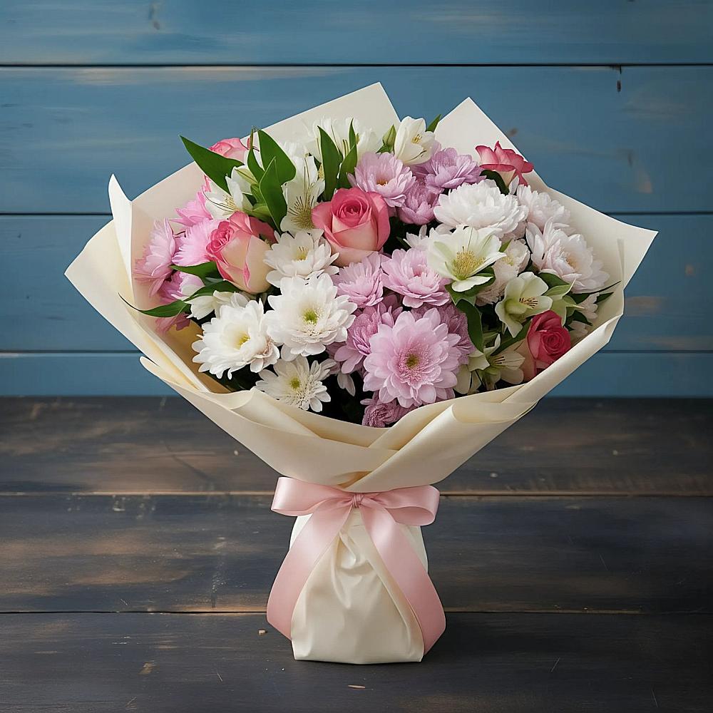 Букет цветов из: Хризантемы, Альстромерии и Розы в Новомышастовской